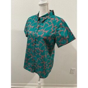 Wildfang Women The Essential Short Sleeve Button Up Teal Abstract Print Shirt XL